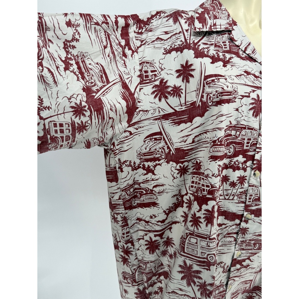 Vintage Go Barefoot Woodie Wagon Surf Mobile Hawaiian Shirt 2XL Tall Burgundy - Picture 8 of 13